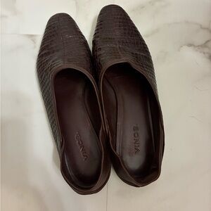Vince Dark Brown Croc-Embossed Slip On Flats, Size 8